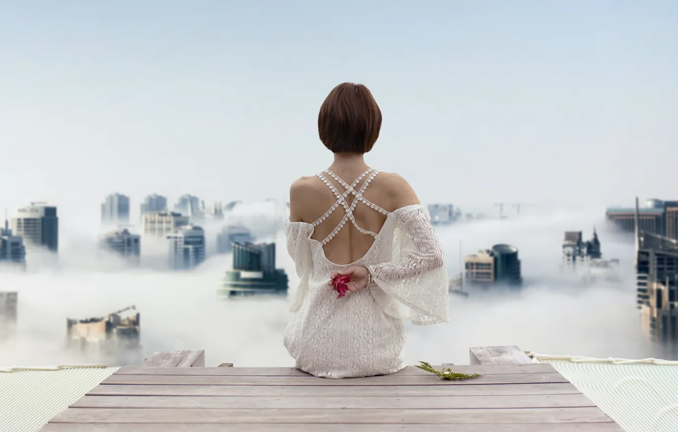Photo wallpaper the sky, fog, gesture, sky, fog, red flower, short hair, gesture