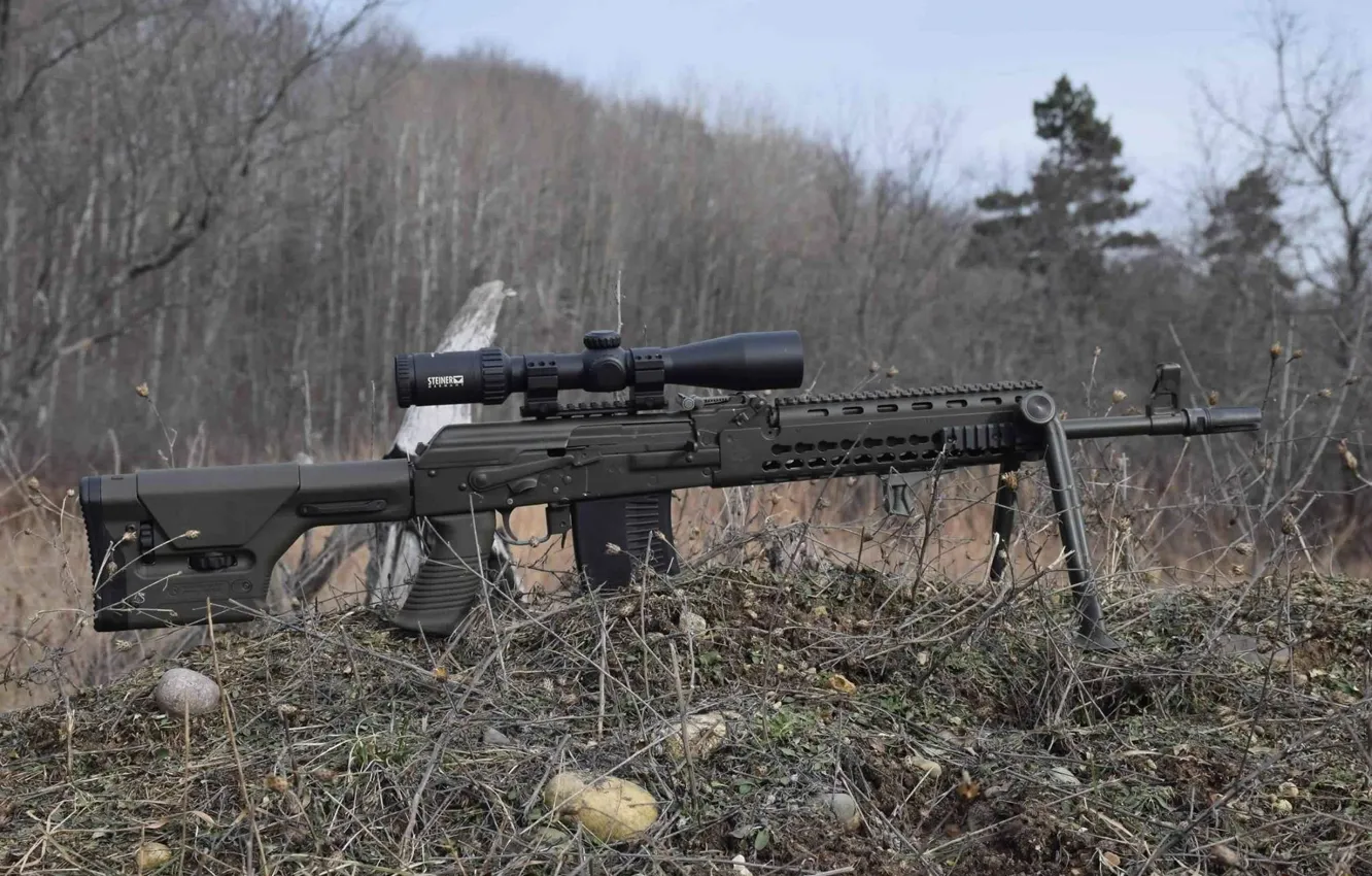 Photo wallpaper forest, grass, sight, rifle, sniper