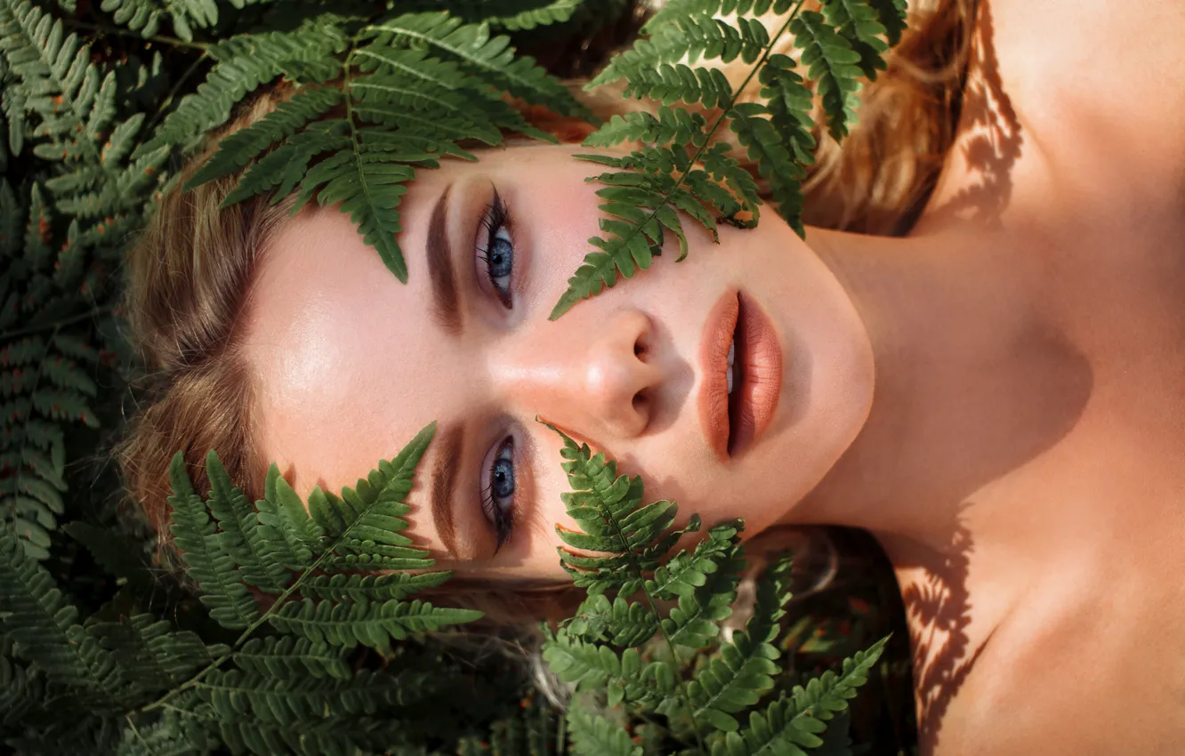 Photo wallpaper look, leaves, girl, face, fern, Viktor Rakov