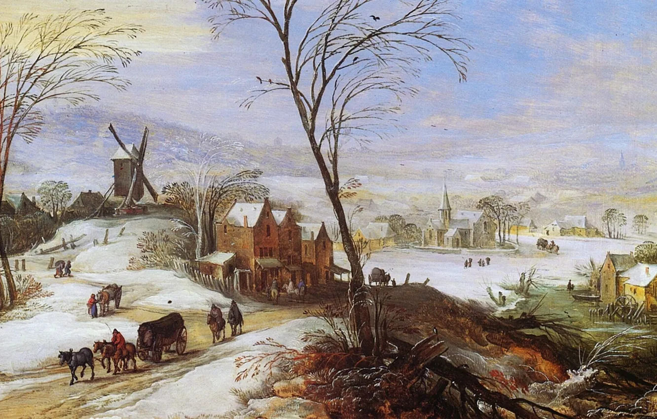 Photo wallpaper picture, painting, painting, Joos de Momper, 1598, Winter Landscape with Mill
