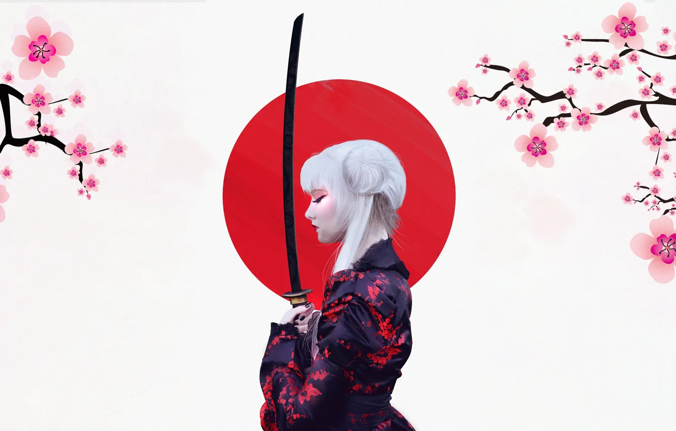 Photo wallpaper girl, the sun, background, Japanese, minimalism, sword, katana, Japan