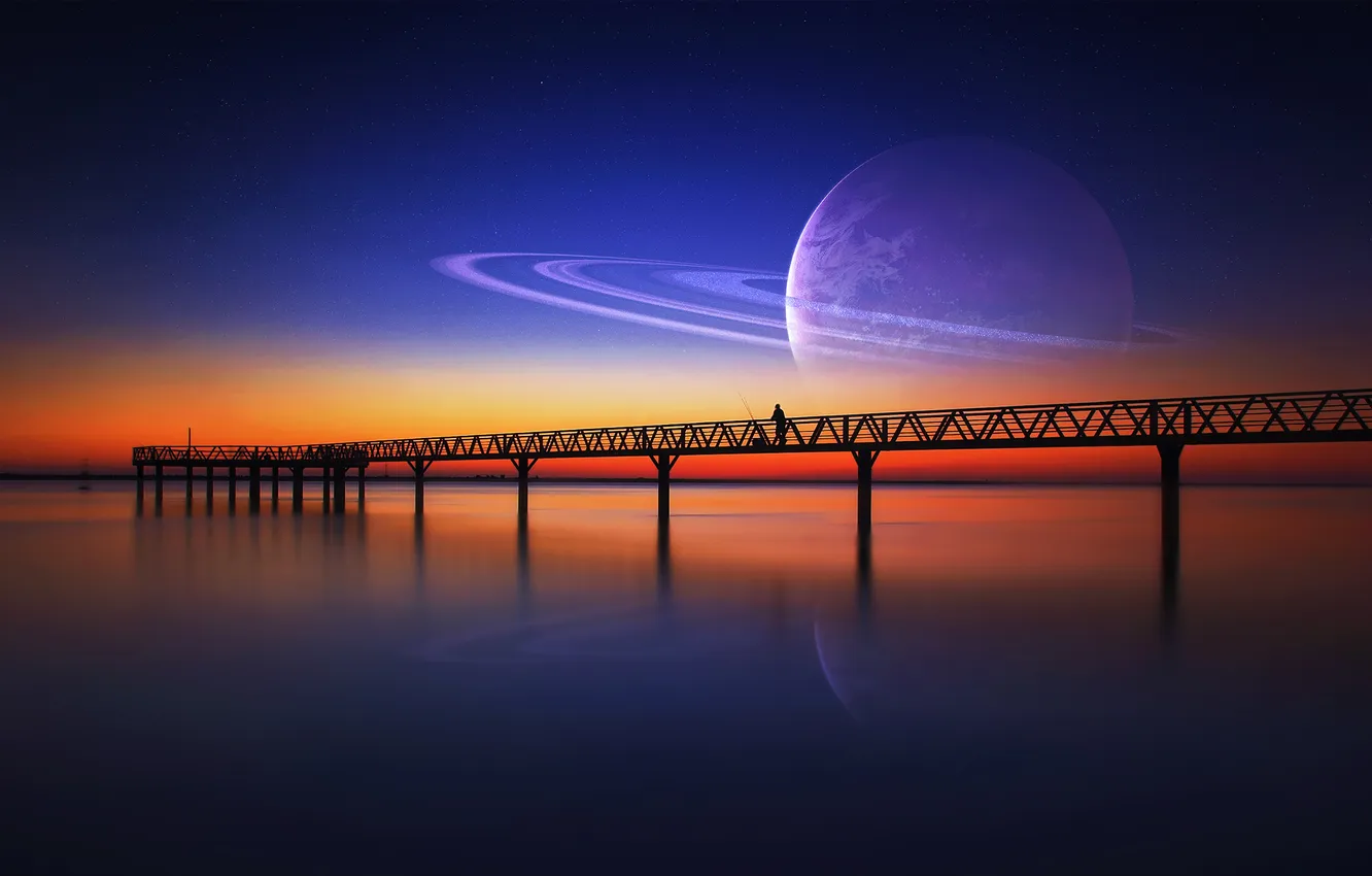 Photo wallpaper the sky, stars, sunset, bridge, loneliness, fiction, people, planet