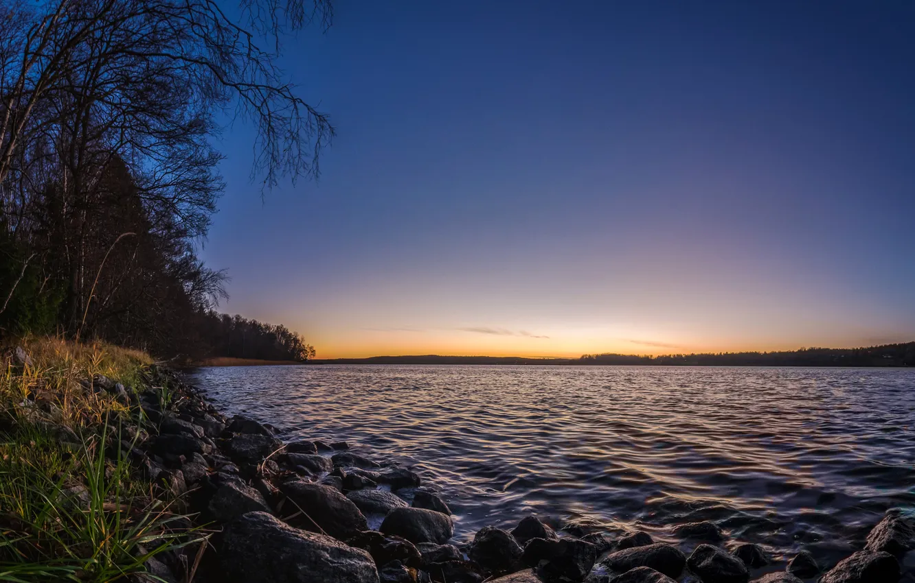 Photo wallpaper the sky, trees, sunset, river, stones, shore, Sweden, Kagghamra