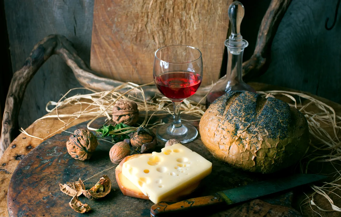 Photo wallpaper red, wine, glass, cheese, bread, nuts