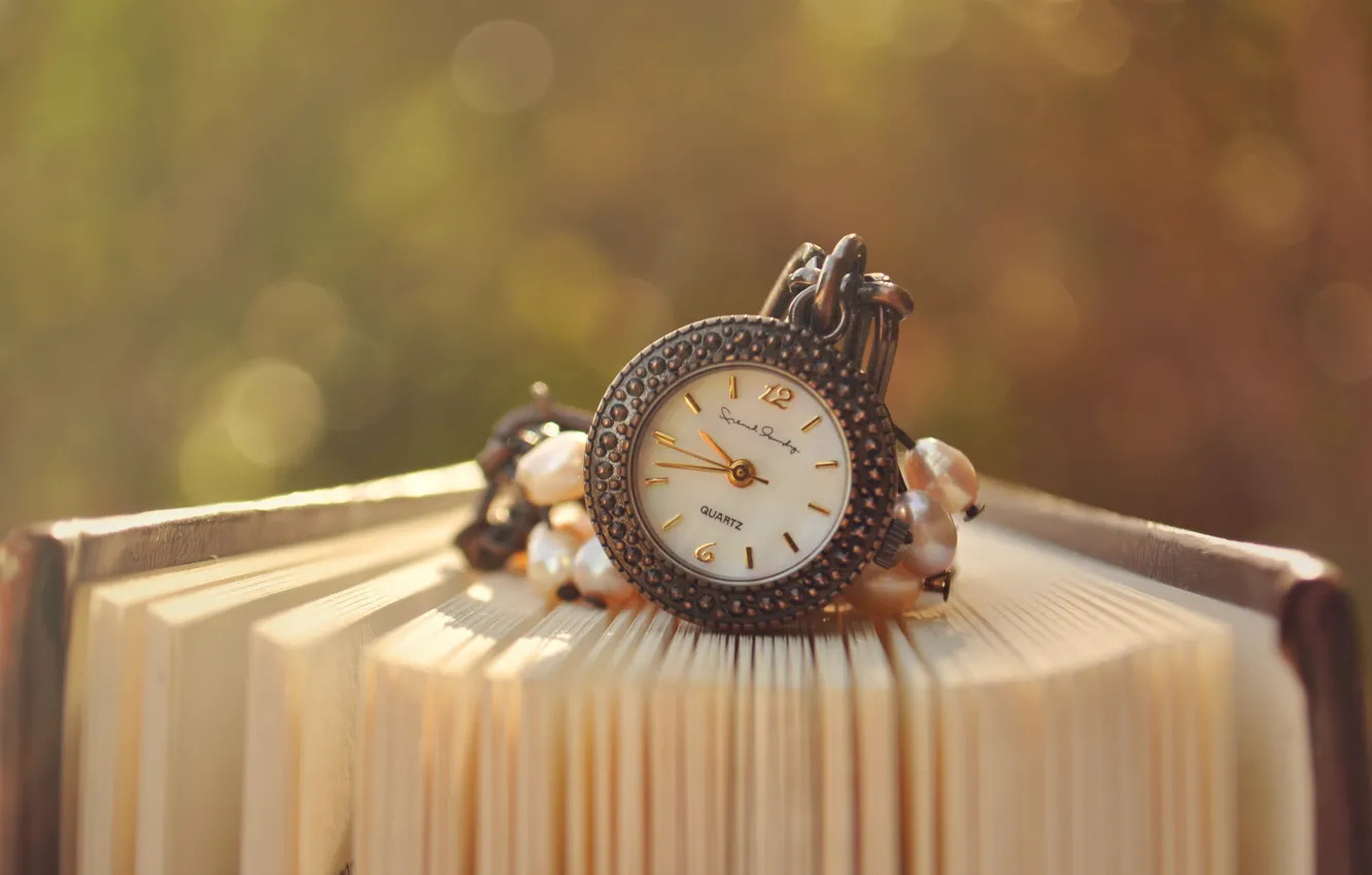 Photo wallpaper greens, arrows, watch, book, dial, bokeh