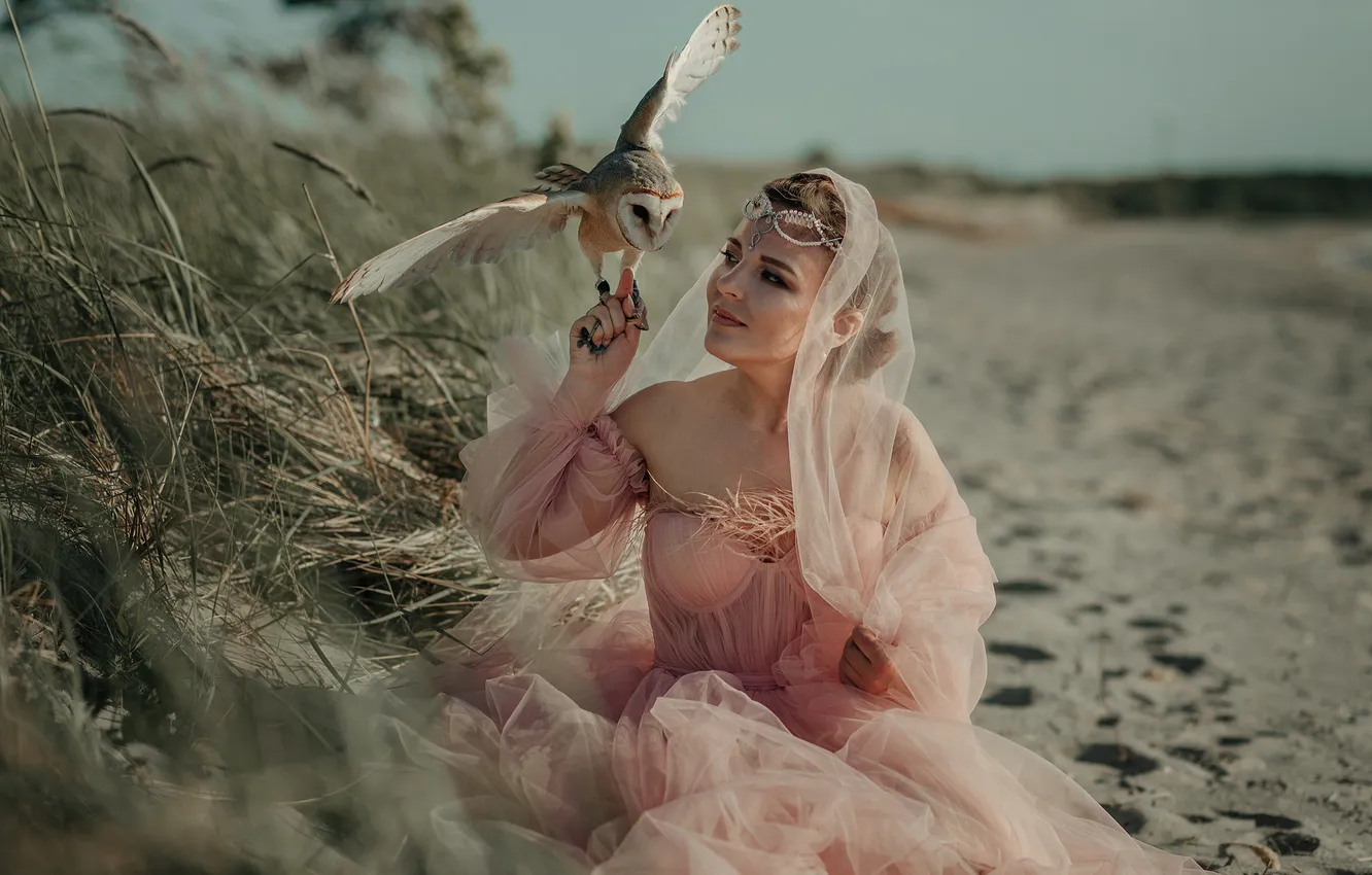 Photo wallpaper grass, girl, owl, bird, shore, dress, Mila Agafonova