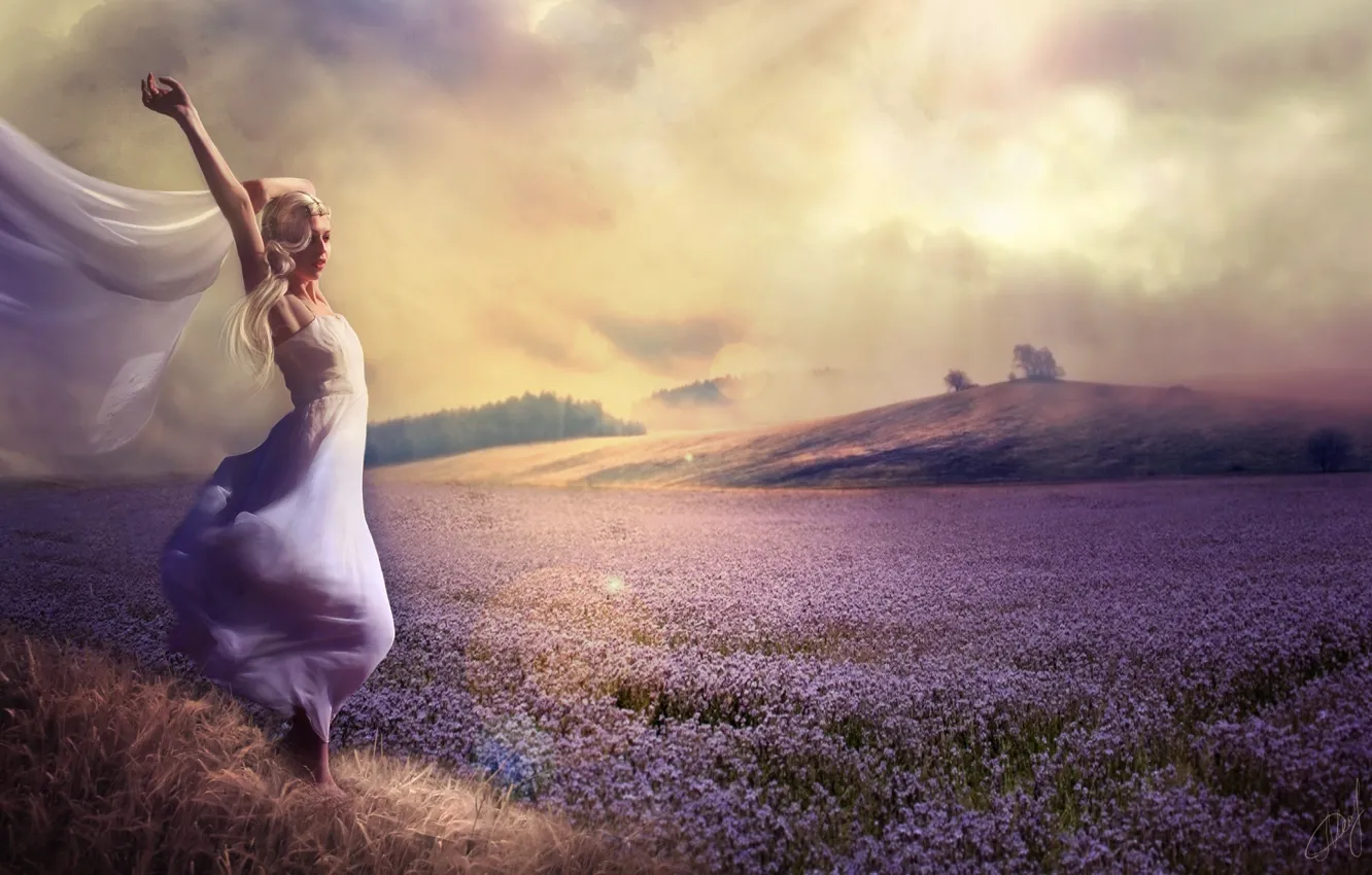 Photo wallpaper field, girl, flowers, nature, dress, hill, lavender