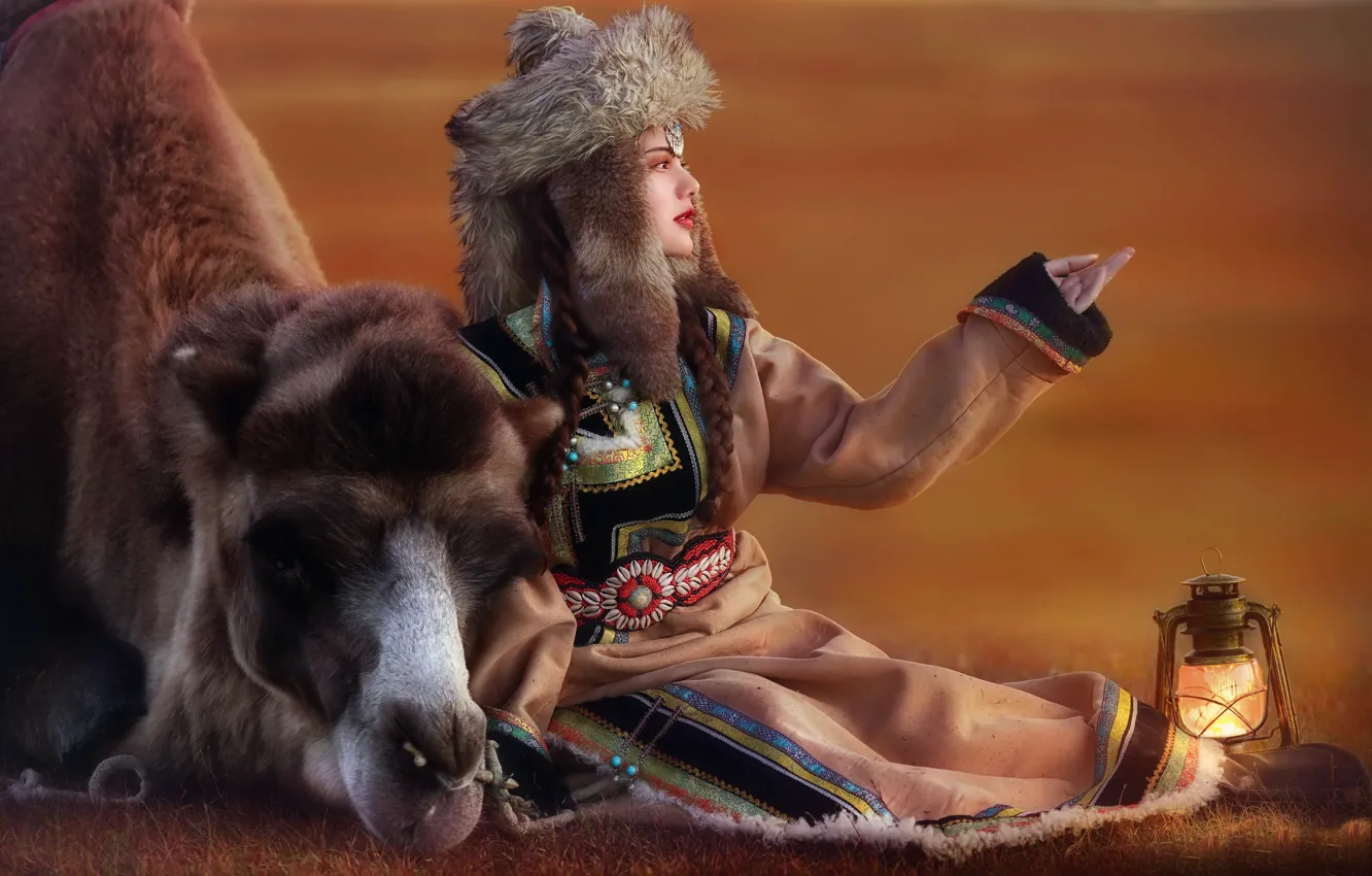 Photo wallpaper girl, background, camel
