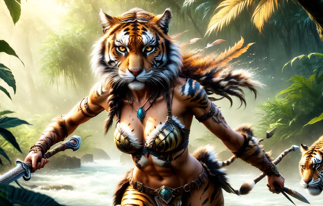Photo wallpaper girl, tiger, weapons, warrior
