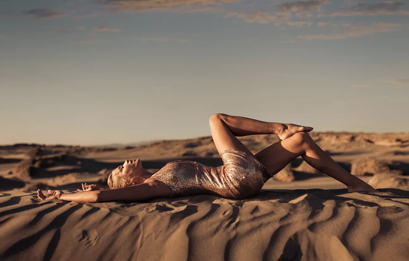Photo wallpaper sand, girl, pose, barefoot, dress, blonde, barefoot, Gorelikov Andrew
