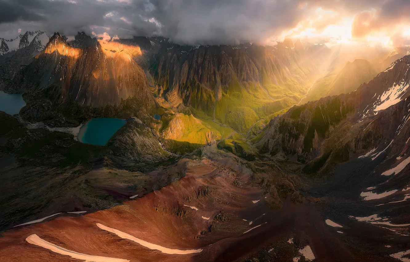 Photo wallpaper the sun, clouds, rays, light, snow, mountains, fog, lake