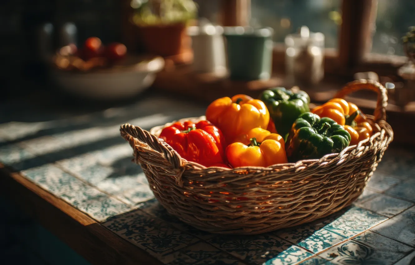 Photo wallpaper light, table, shadow, harvest, kitchen, pepper, still life, basket