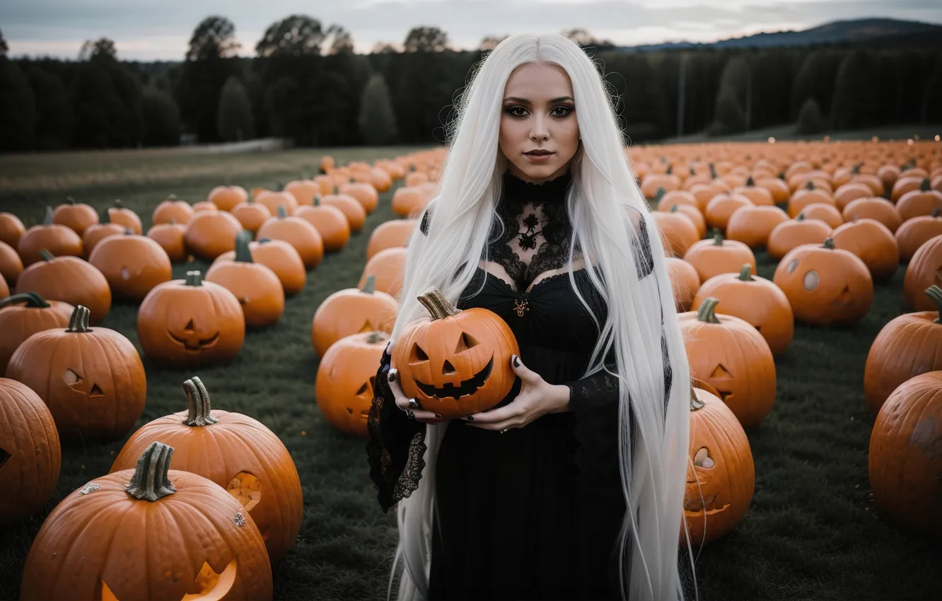 Photo wallpaper field, autumn, forest, holiday, makeup, blonde, pumpkin, Halloween