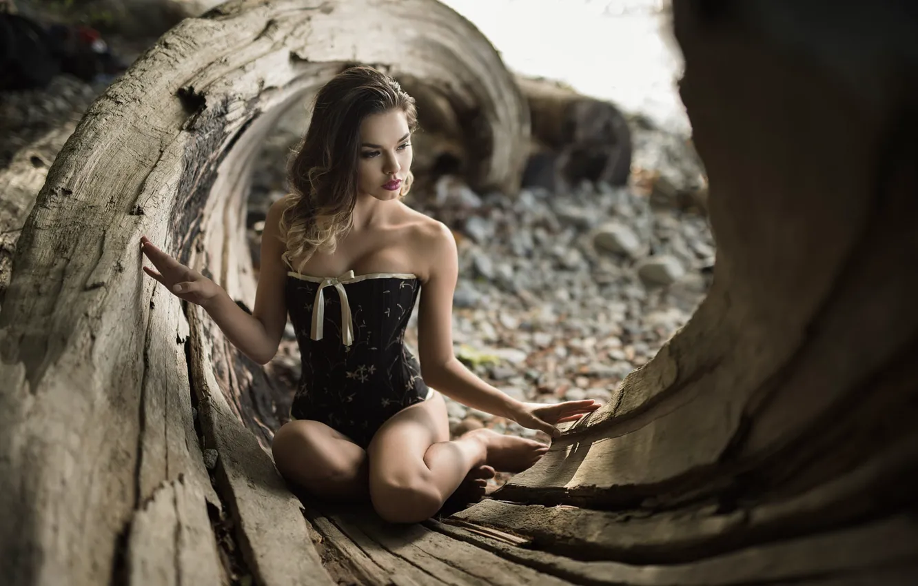 Photo wallpaper chest, girl, light, trees, pose, pebbles, stones, shore