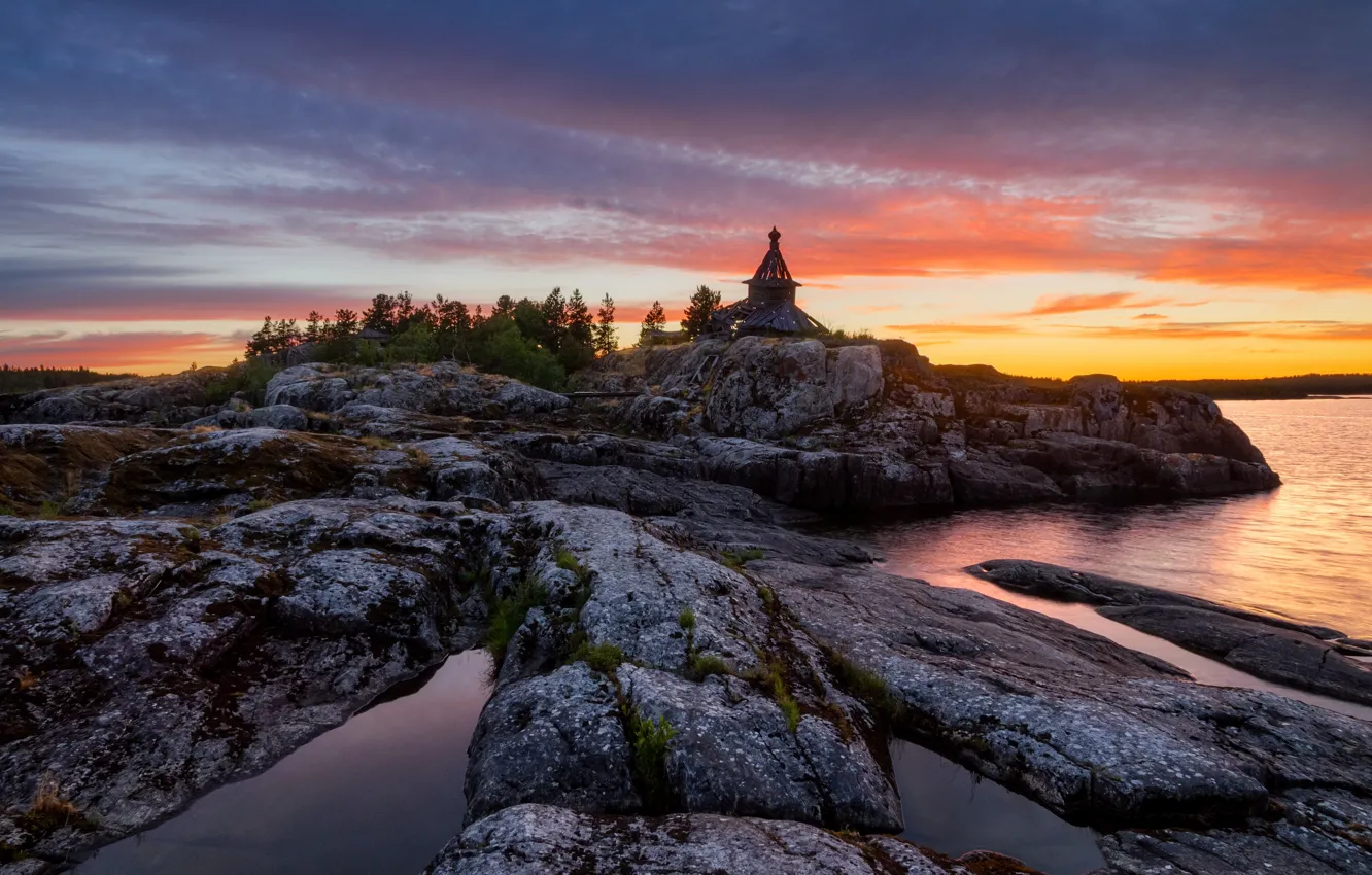 Photo wallpaper trees, landscape, nature, stones, morning, pimped, Lake Ladoga, Church