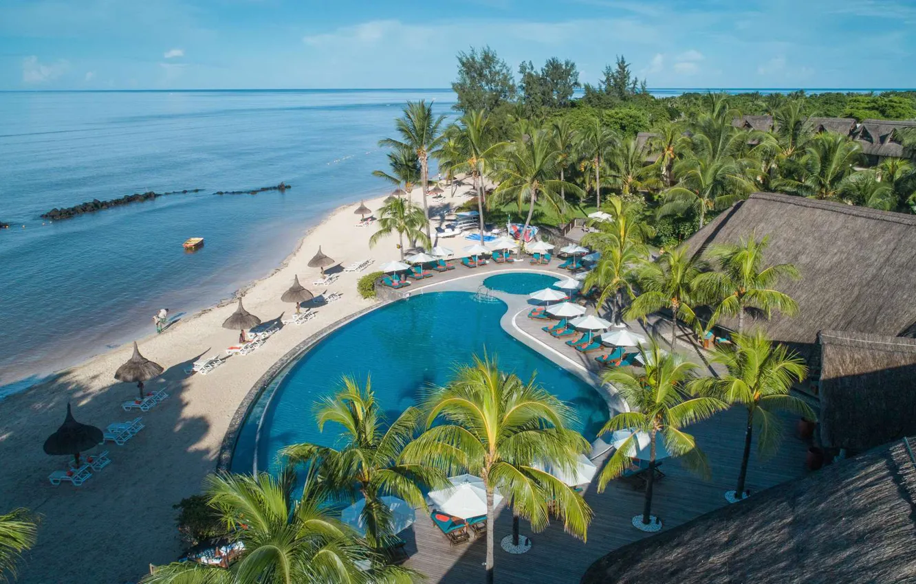 Photo wallpaper beach, tropics, palm trees, pool, resort, The Indian ocean, Mauritius, Mauritius