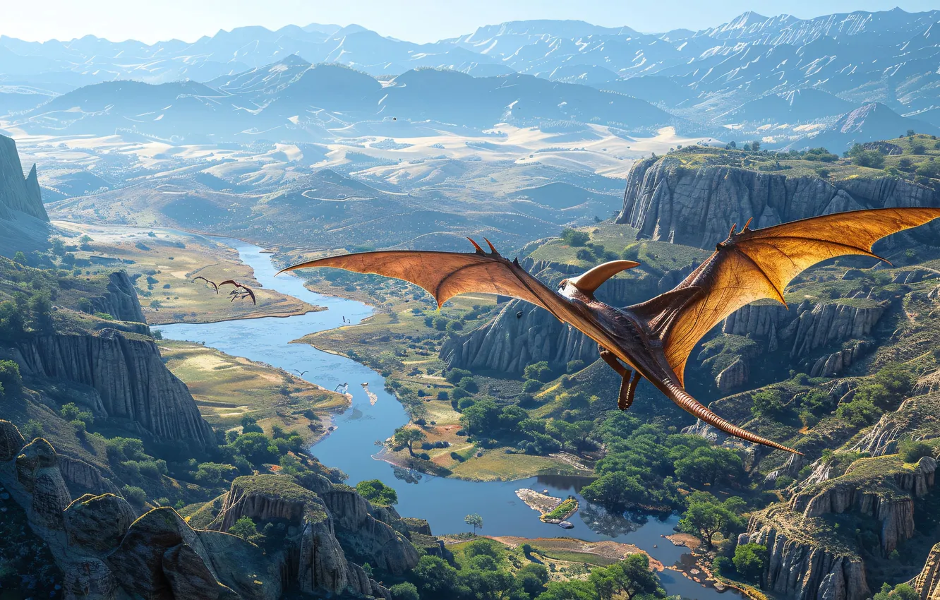 Photo wallpaper trees, flight, mountains, river, animal, wings, dinosaur, pterodactyl