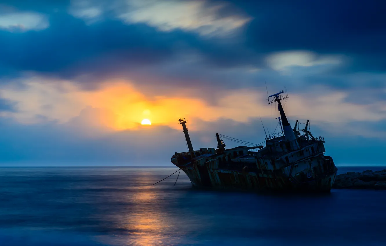 Photo wallpaper sea, the sky, surface, dawn, ship