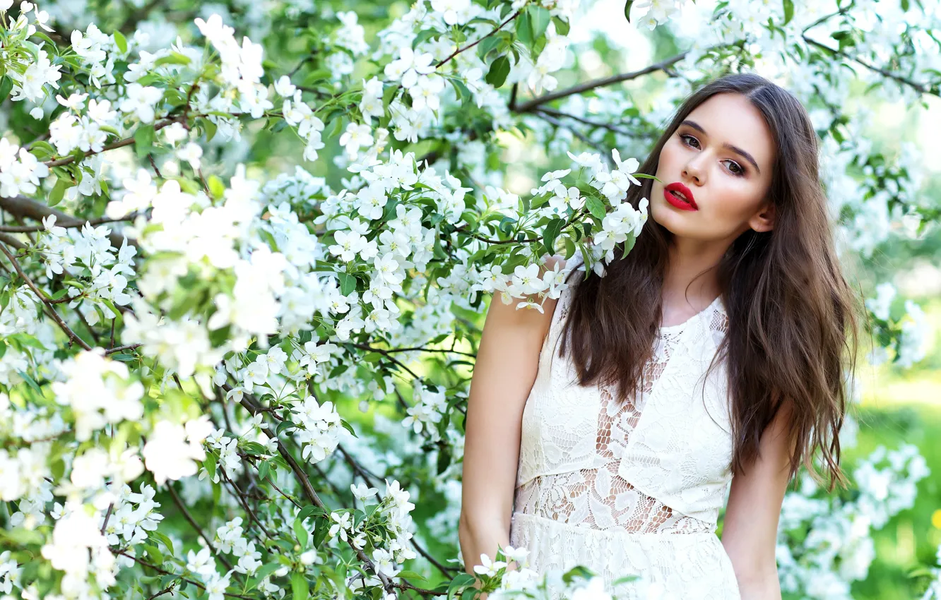 Photo wallpaper greens, look, the sun, trees, branches, portrait, spring, makeup
