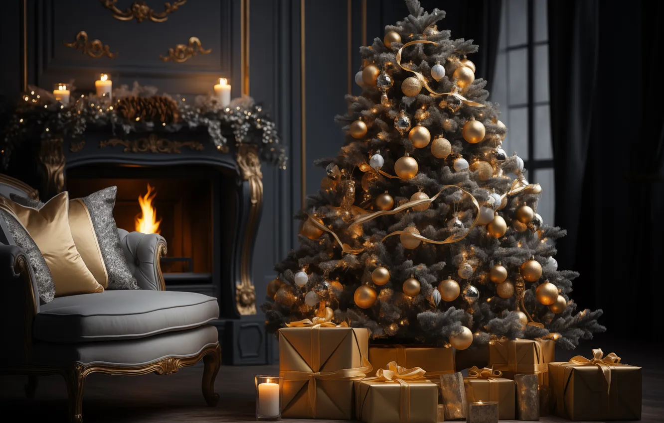 Photo wallpaper decoration, room, gift, tree, new year, interior, Christmas, fireplace