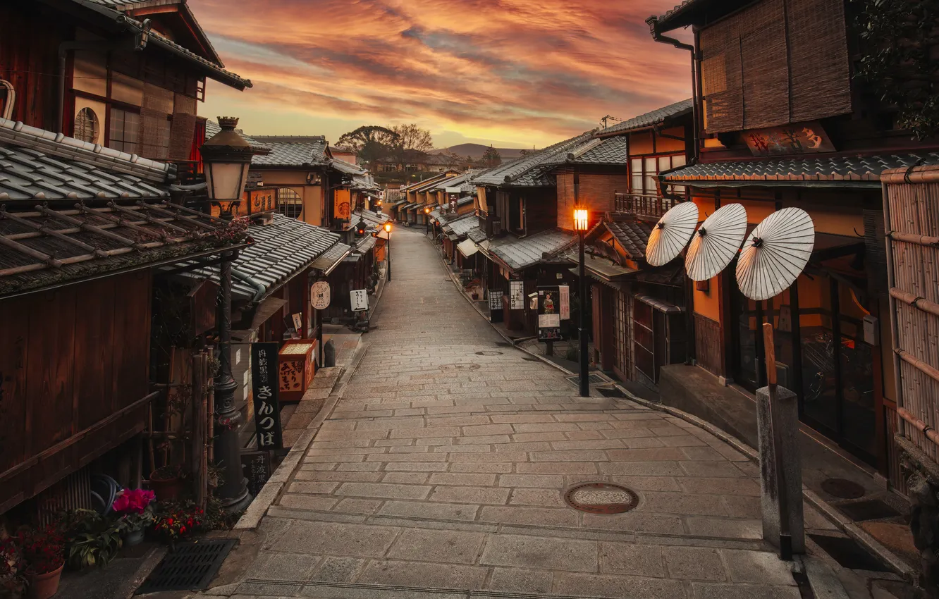 Photo wallpaper street, Asia, umbrella, house