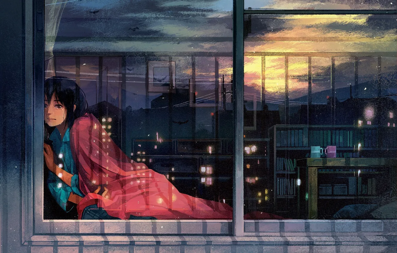 Photo wallpaper girl, sunset, birds, room, anime, tears, art, mugs