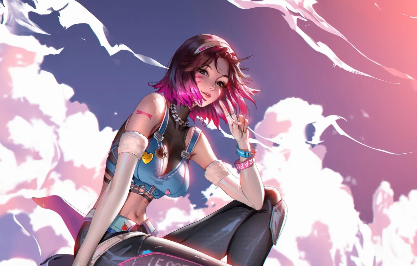 Photo wallpaper the sky, girl, clouds, smile, the game, positive, gesture, characters