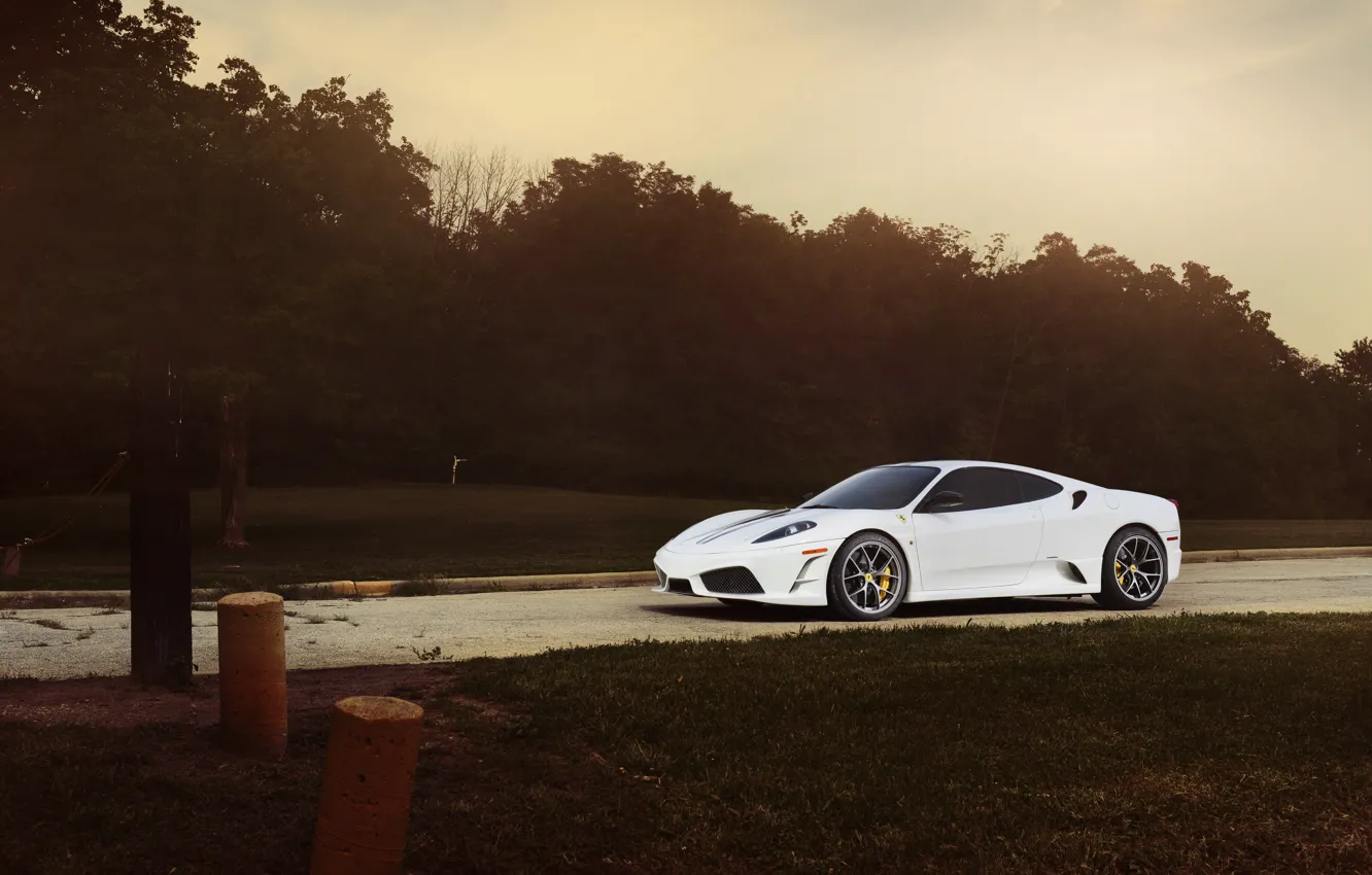 Photo wallpaper road, white, the sky, trees, posts, the evening, white, ferrari