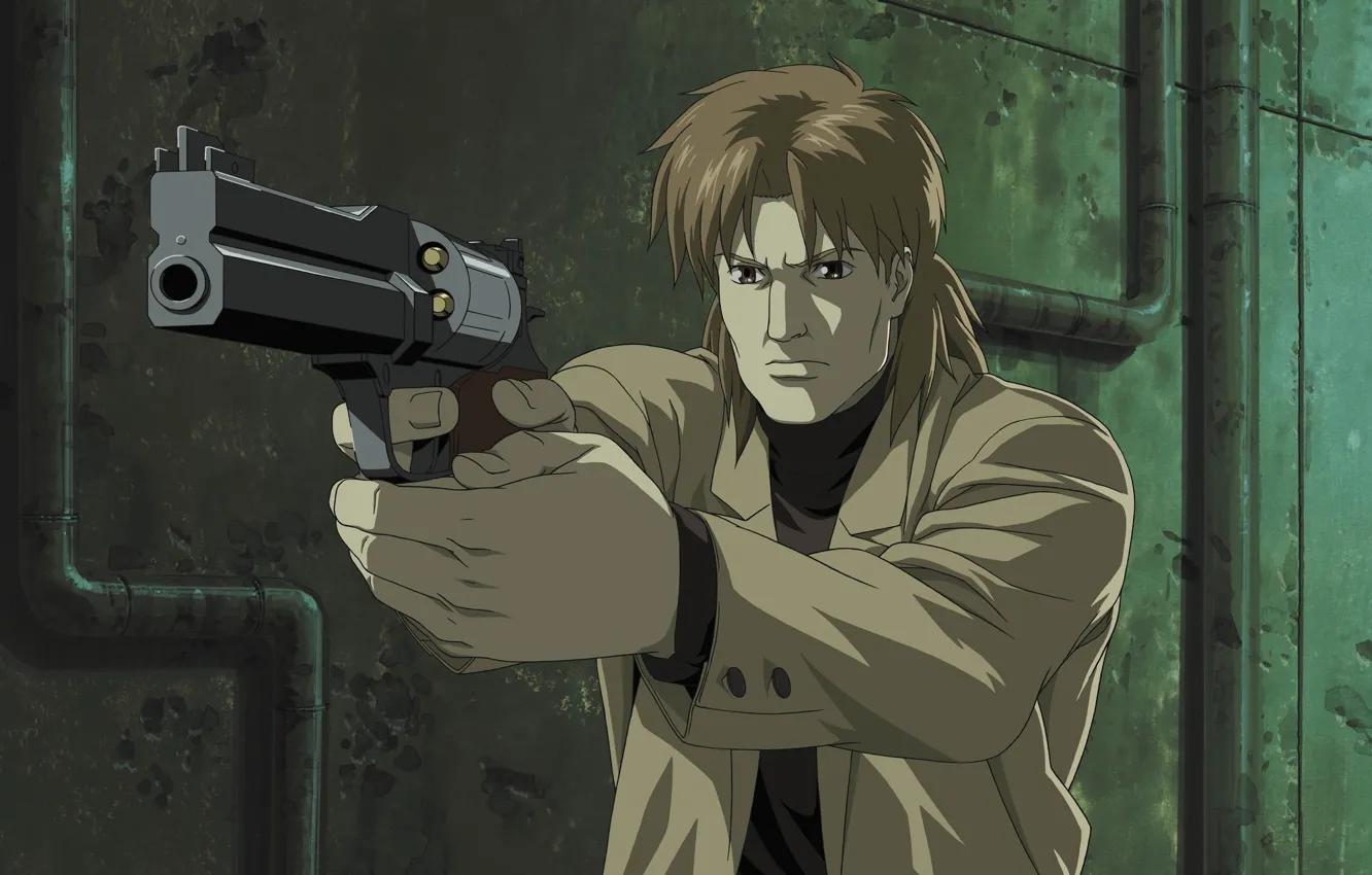 Photo wallpaper pipe, gun, weapons, wall, male, revolver, Ghost in the shell, Ghost in the Shell