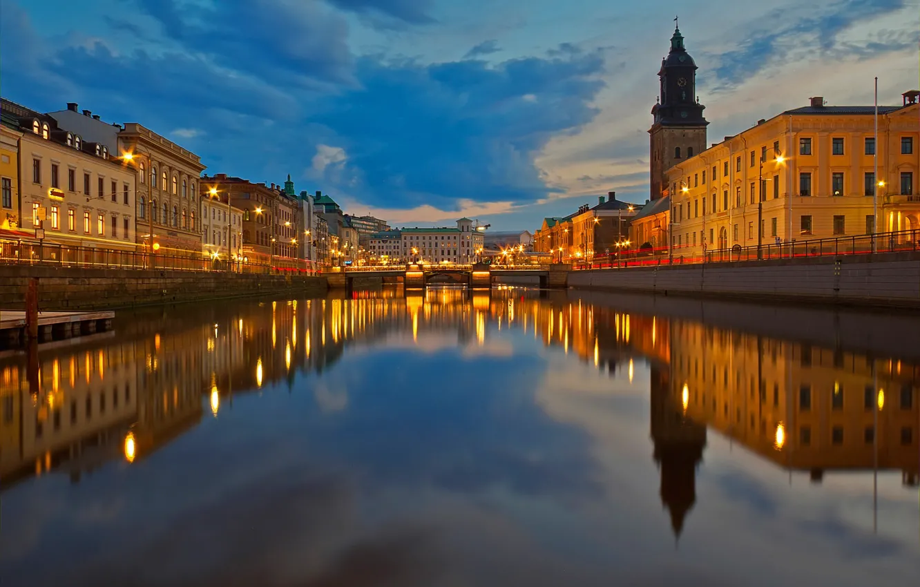 Photo wallpaper night, lights, home, Sweden, harbour, Gothenburg