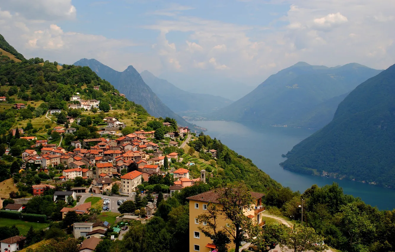 Photo wallpaper mountains, lake, home, Switzerland, haze, Lugano