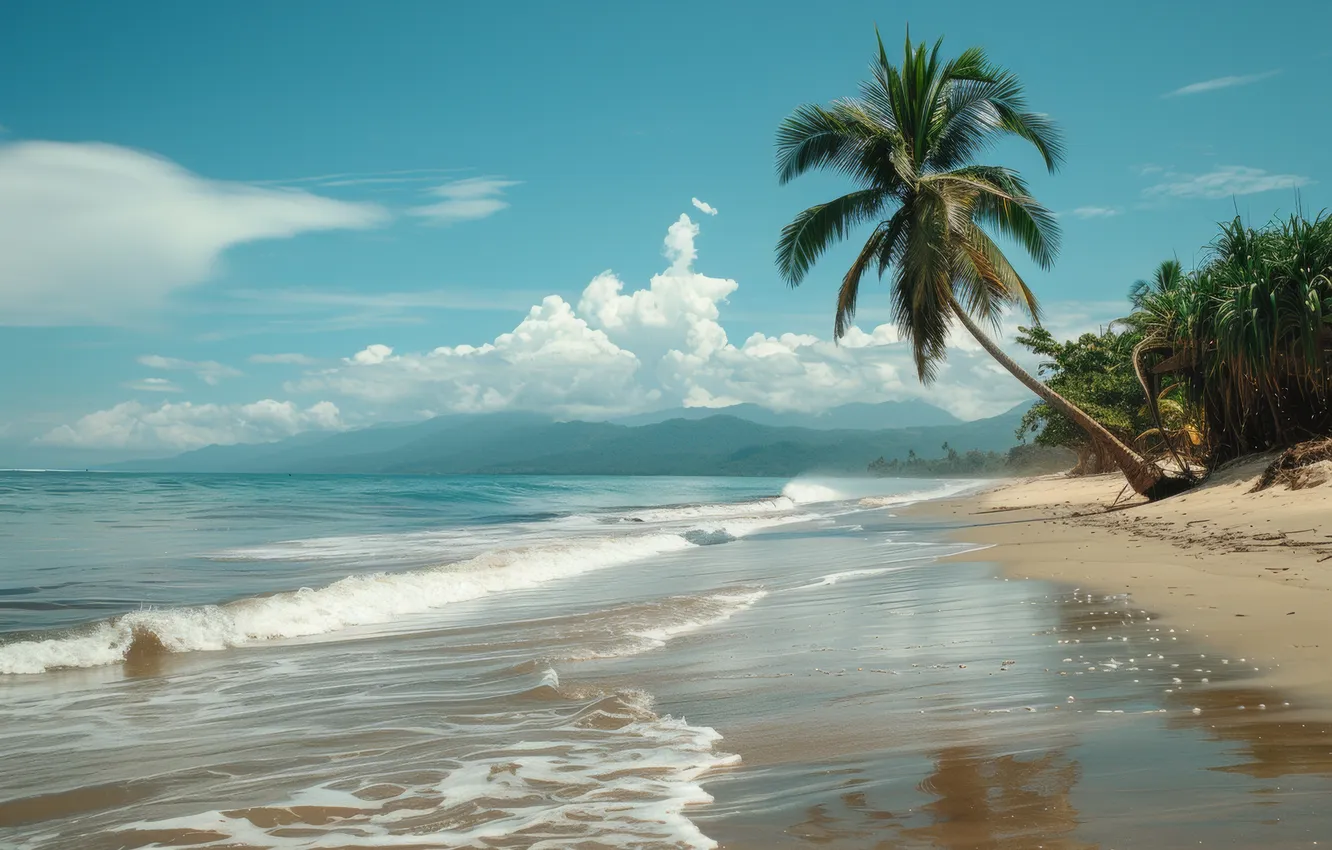 Photo wallpaper sand, sea, wave, beach, summer, the sky, clouds, landscape