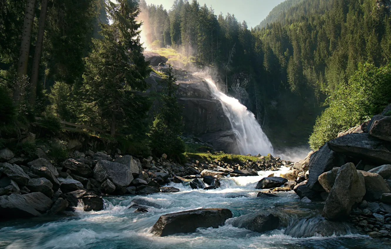 Photo wallpaper forest, trees, river, stones, waterfall, Austria, Austria, River Krimmler-Ache