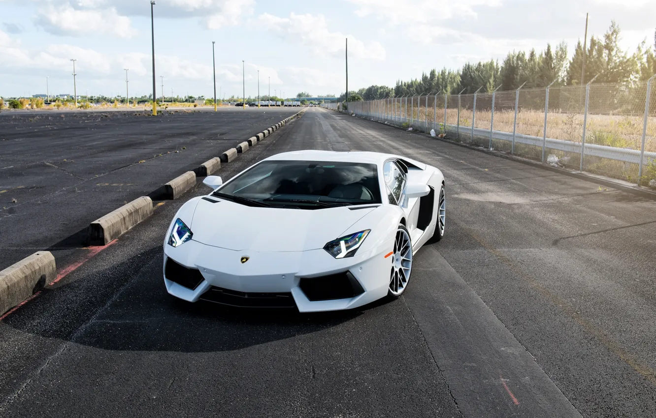 Photo wallpaper road, white, the sky, clouds, the fence, white, lamborghini, front view