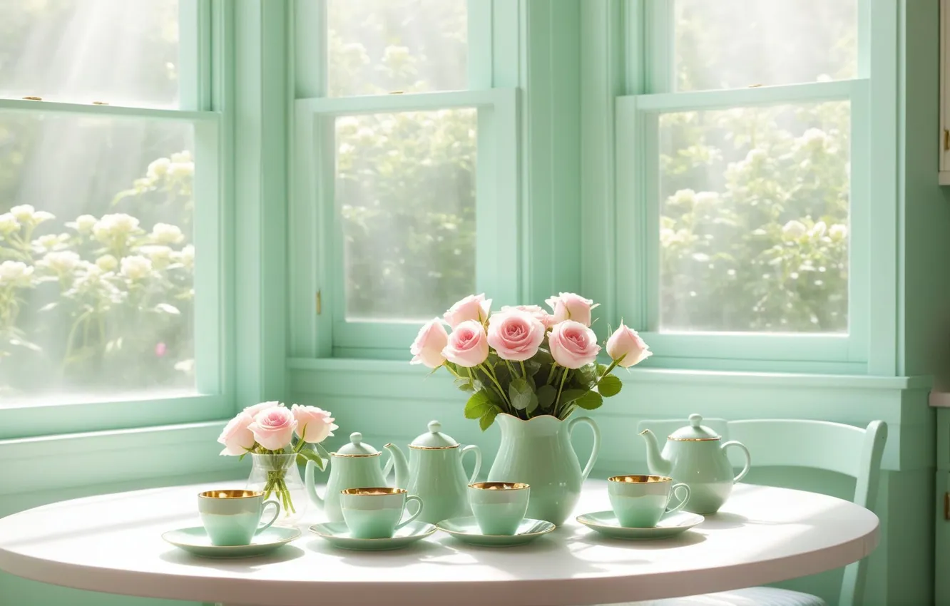 Wallpaper summer, roses, kitchen, Cup, serving for mobile and desktop ...