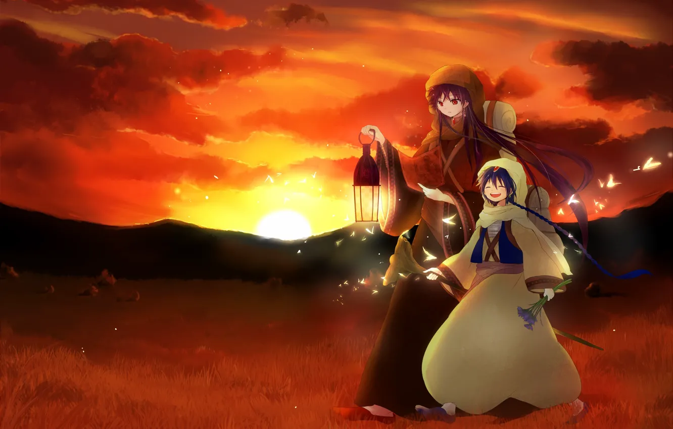 Photo wallpaper sunset, lamp, guy, sinbad, Aladdin magi, butterfly Rukh, Magi: The Labyrinth of Magic