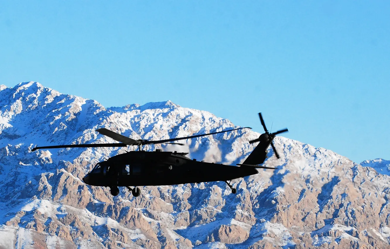 Photo wallpaper the sky, snow, mountains, tops, American, UH-60 Black Hawk, "Black hawk down", Sikorsky UH-60 "black …
