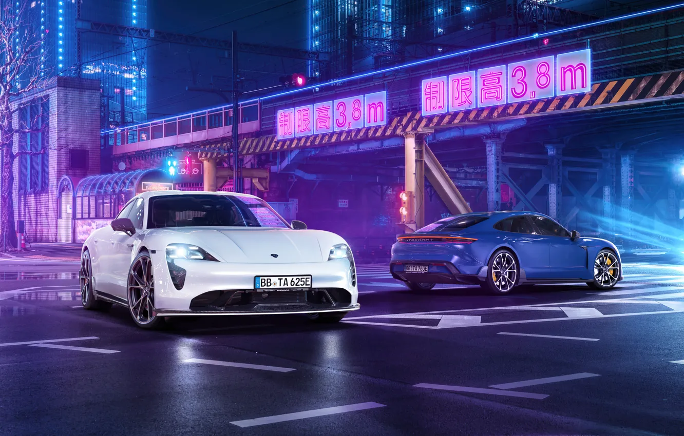 Photo wallpaper the city, neon, Porsche, Porsche, TechArt, Aerokit, 2021, Taycan