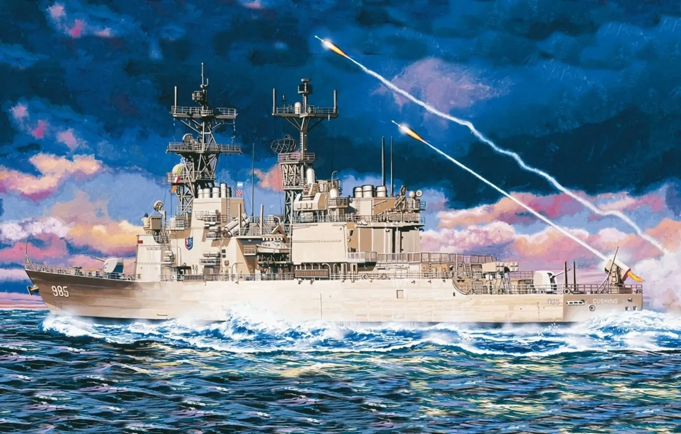 Photo wallpaper sea, figure, rocket, start, destroyer, USS Cushing, US NAVY, the destroyer of the "Spruance"