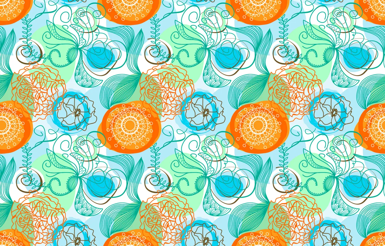 Photo wallpaper line, flowers, orange, abstraction, blue, pattern, bright