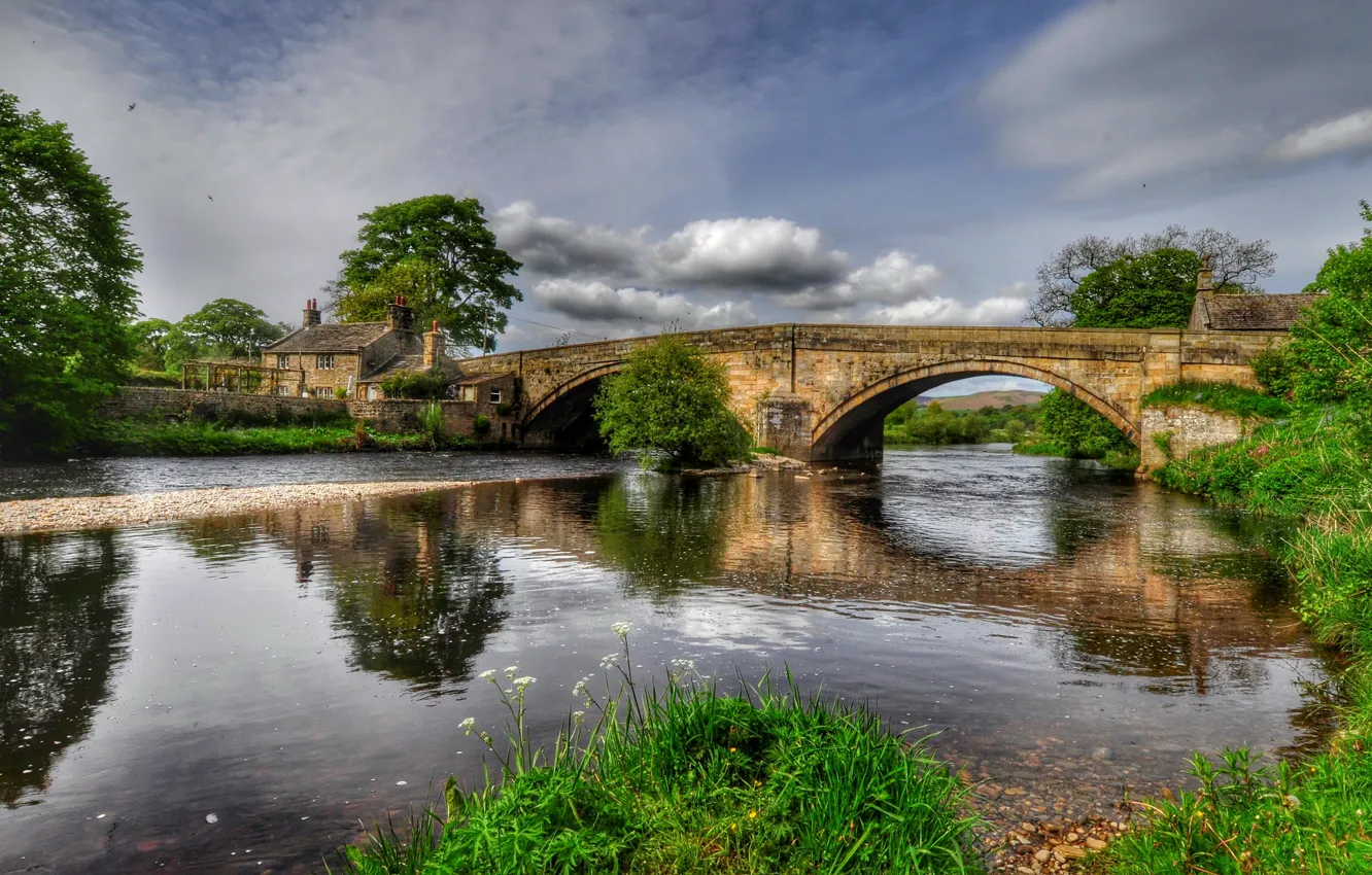 Photo wallpaper the sky, grass, clouds, trees, HDR, home, UK, the bushes
