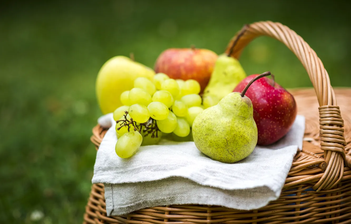 Photo wallpaper red, green, glade, apples, towel, grapes, fruit, basket