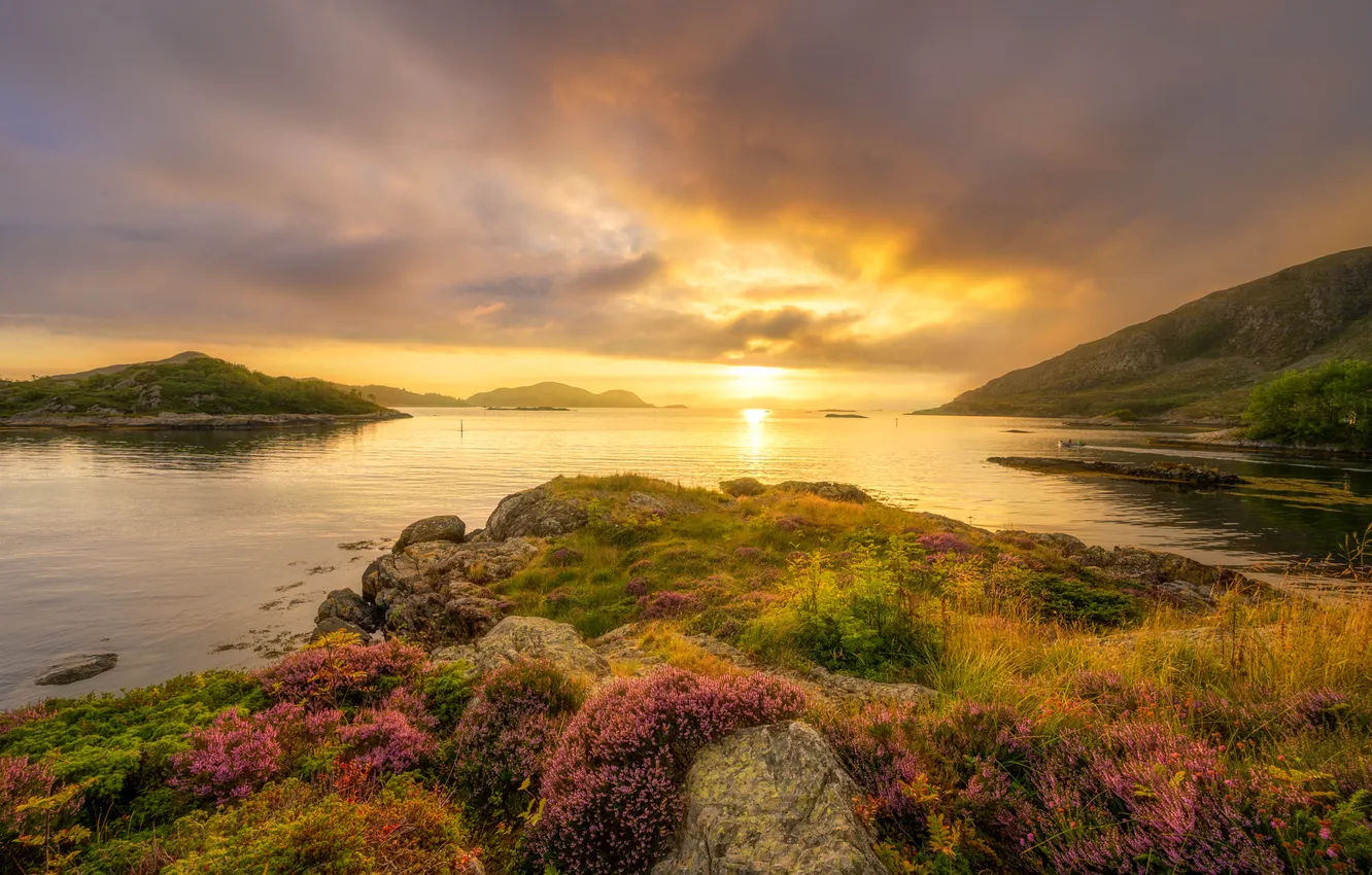 Photo wallpaper clouds, sunset, stones, hills, shore, pond, Heather