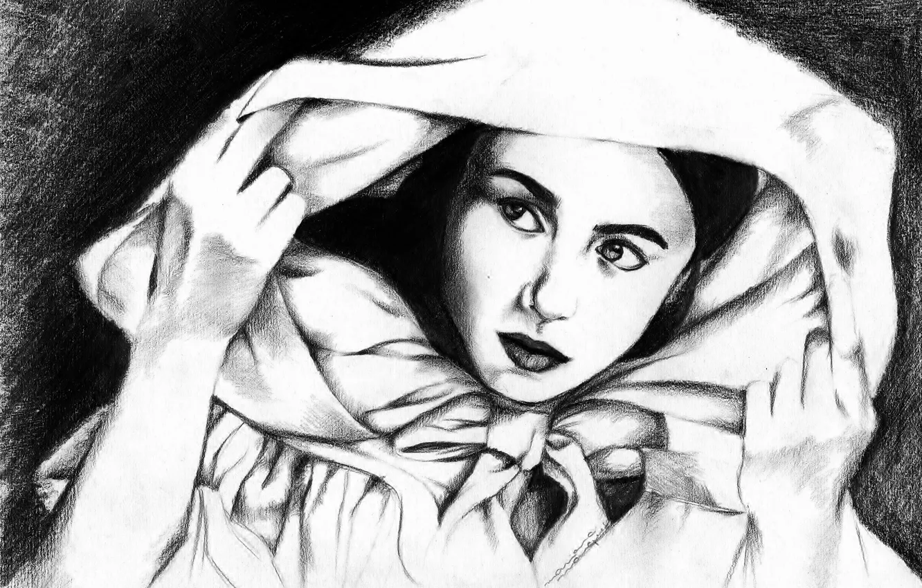 Photo wallpaper eyes, look, girl, face, background, hands, cloak, painting