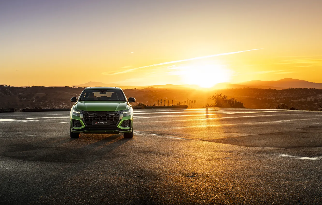 Photo wallpaper sunset, Audi, front view, crossover, 2020, RS Q8