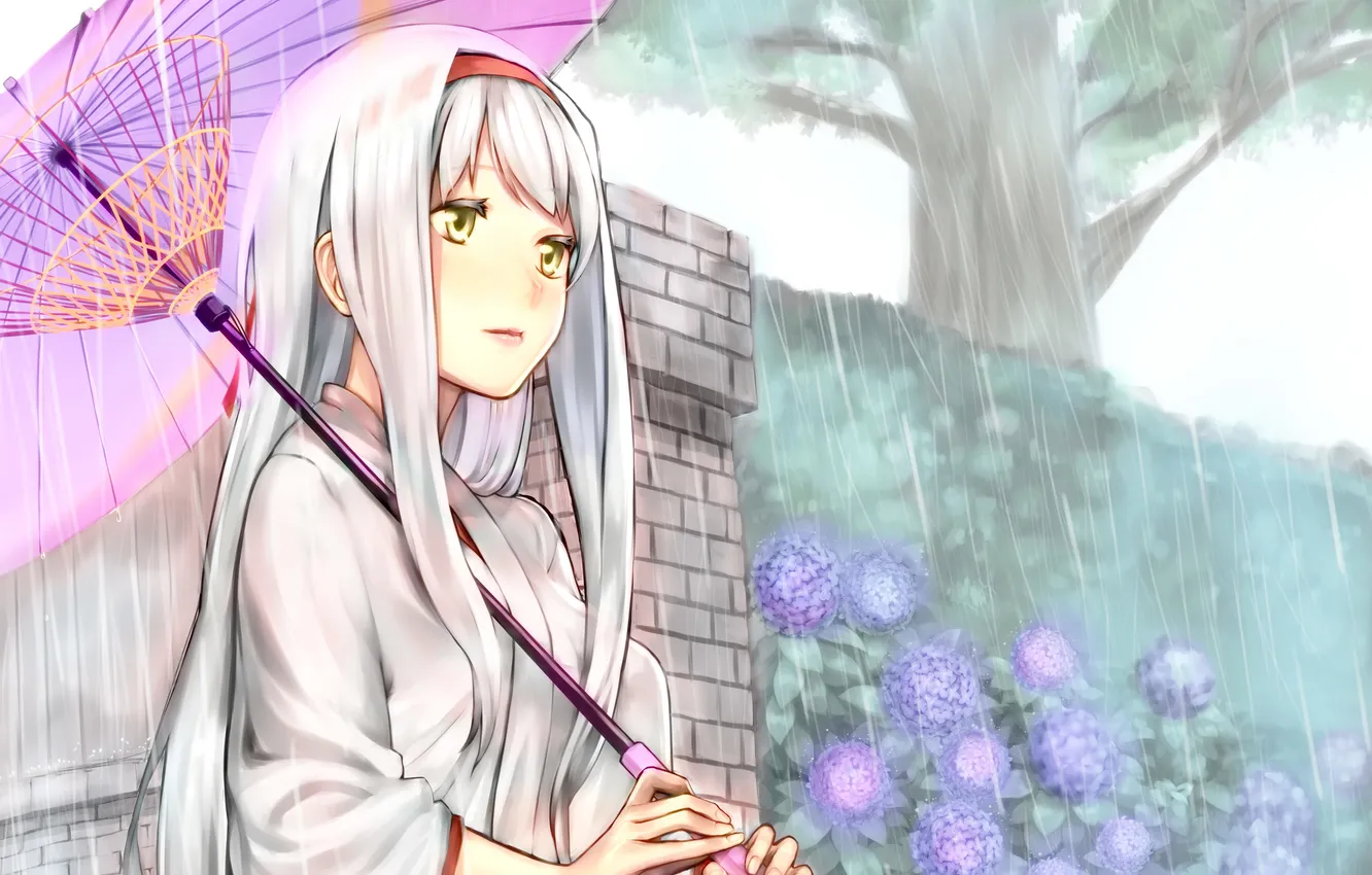 Photo wallpaper girl, rain, umbrella, anime, art, kimono, kantai collection, shoukaku