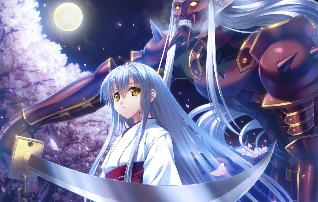 Photo wallpaper the sky, girl, night, weapons, the moon, sword, anime, petals