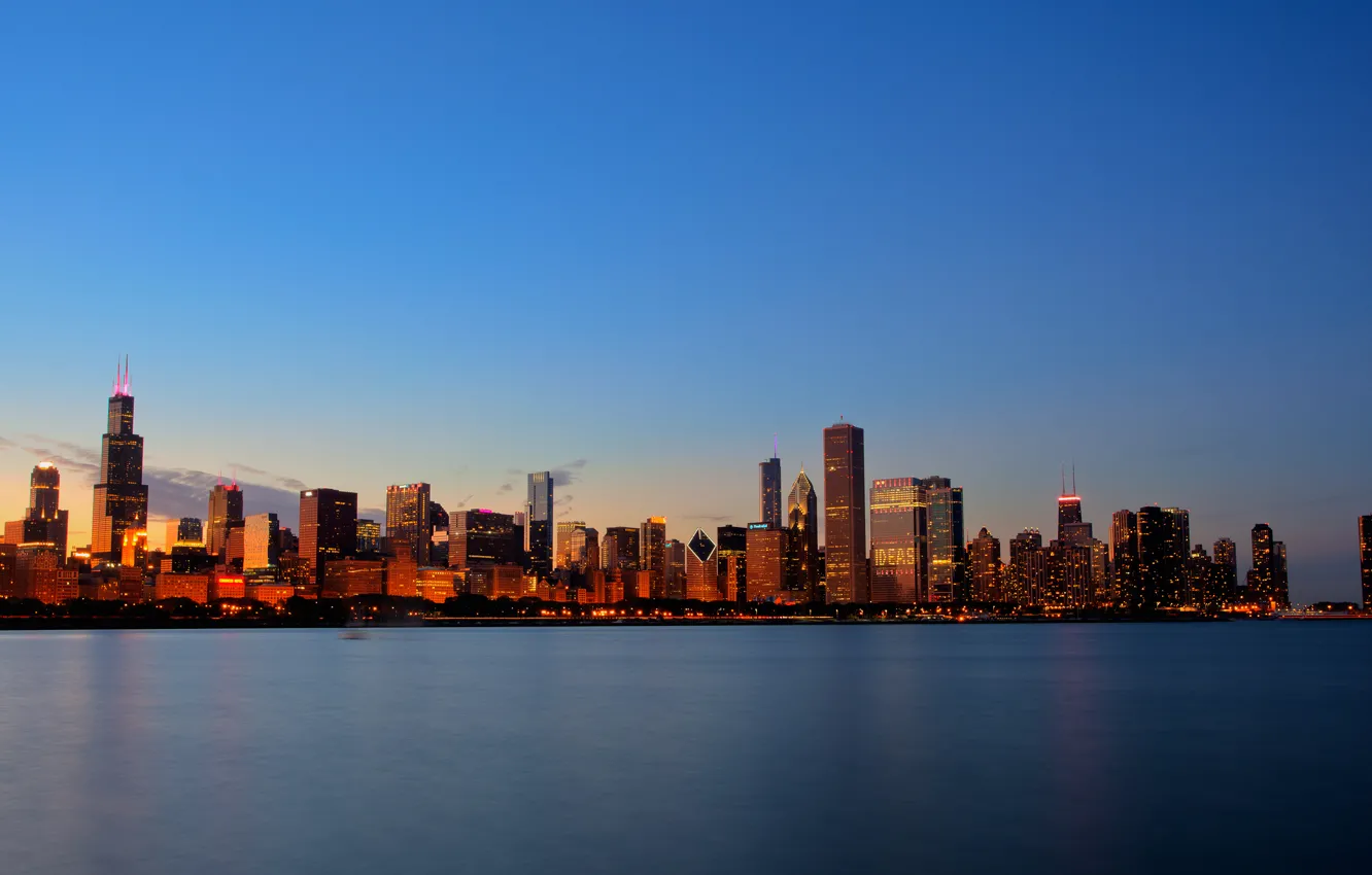 Photo wallpaper city, lights, USA, Chicago, Illinois, sky, sunset, water