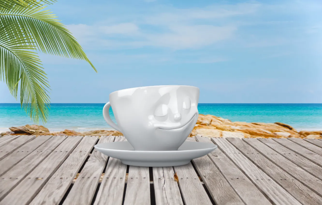 Photo wallpaper beach, ocean, coffee, cup of coffee