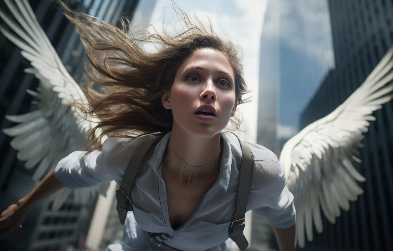 Photo wallpaper look, girl, the city, hair, home, wings, angel, skyscrapers